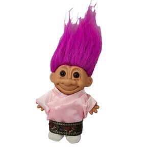 Vintage RUSS 90's Asian Troll Doll Pink Hair Kimono Big